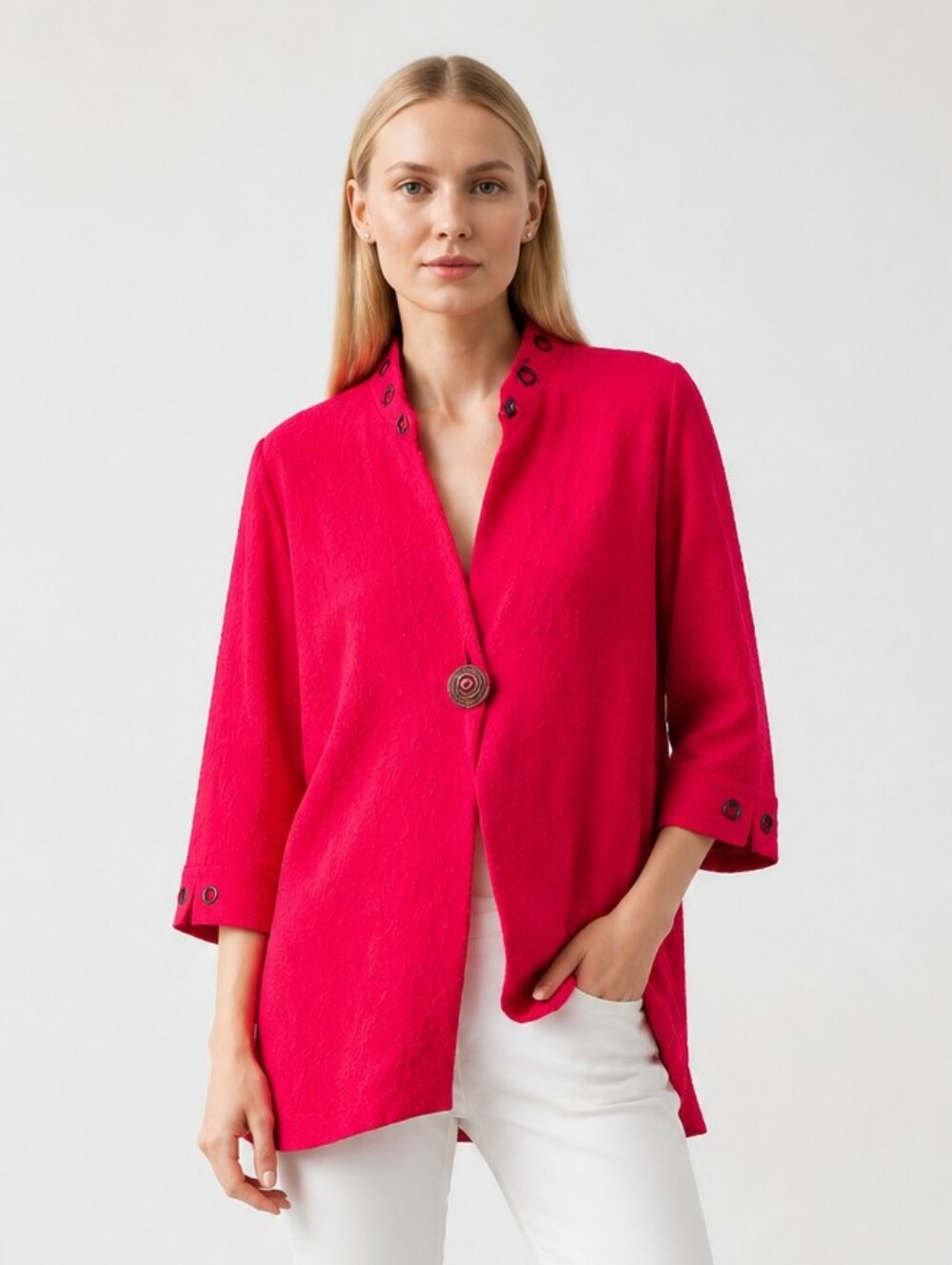 Multiples Women's Jacket Topper XL Stretch Pocket Red Textured Generous Fit